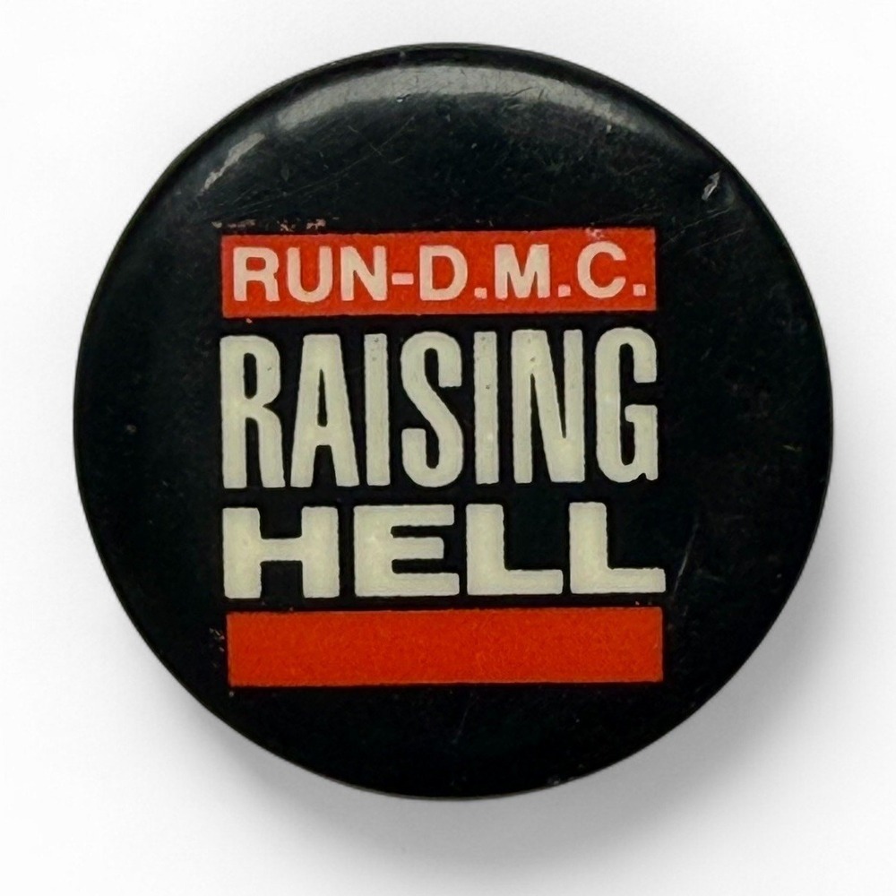 Vintage RUN D.M.C. Raising Hell 1980s Hip Hop Rap Button Pin‎ Black Red White
